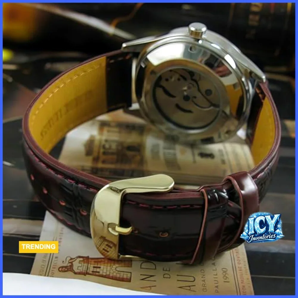Automatic Mechanical Leather Band Watch with Day Calendar